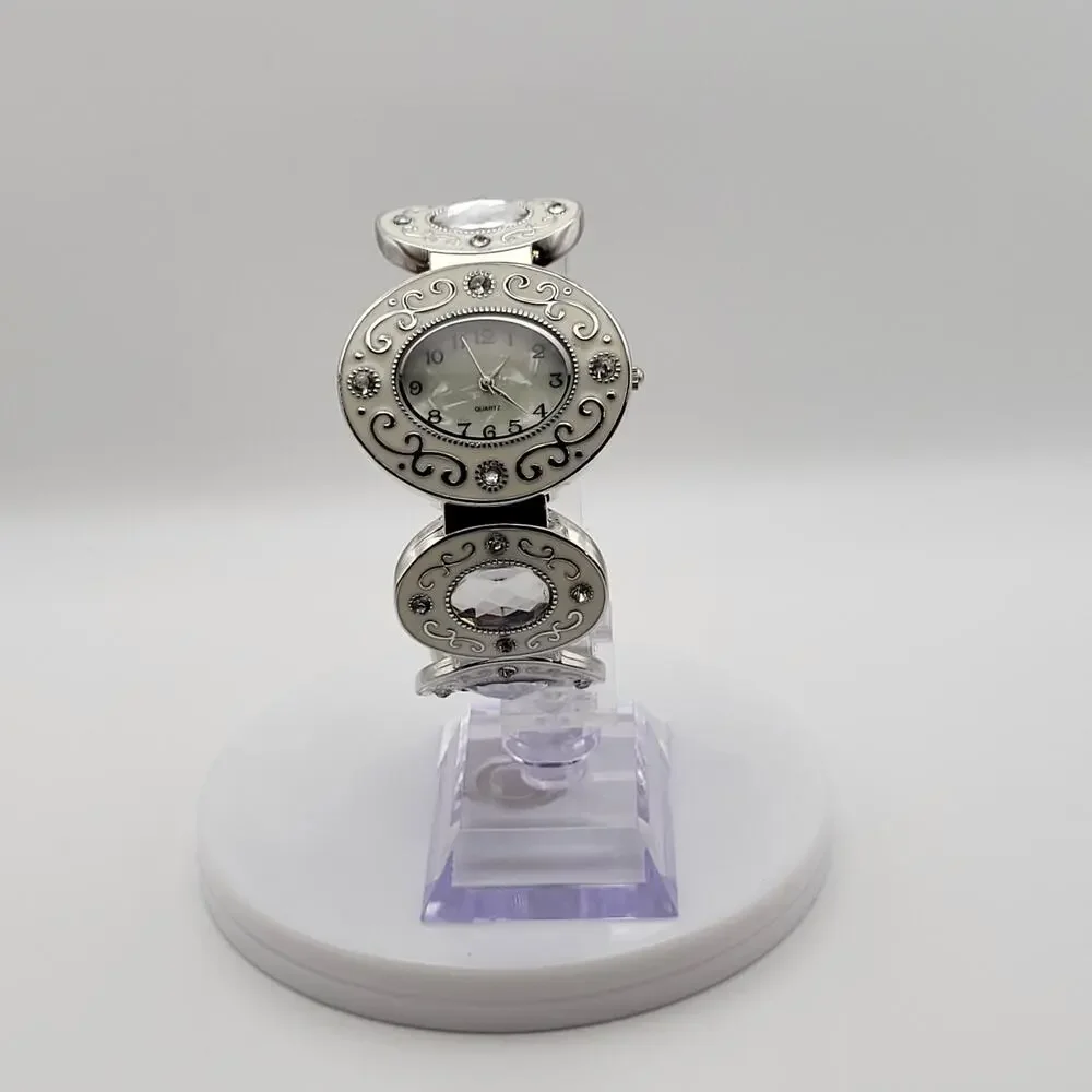 Women's Cuff Bangle Watch Mother of Pearl Dial Silver Filigree Crystal Links